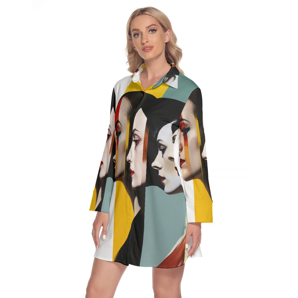 All-Over Print Women's Lapel Shirt Dress With Long Sleeve