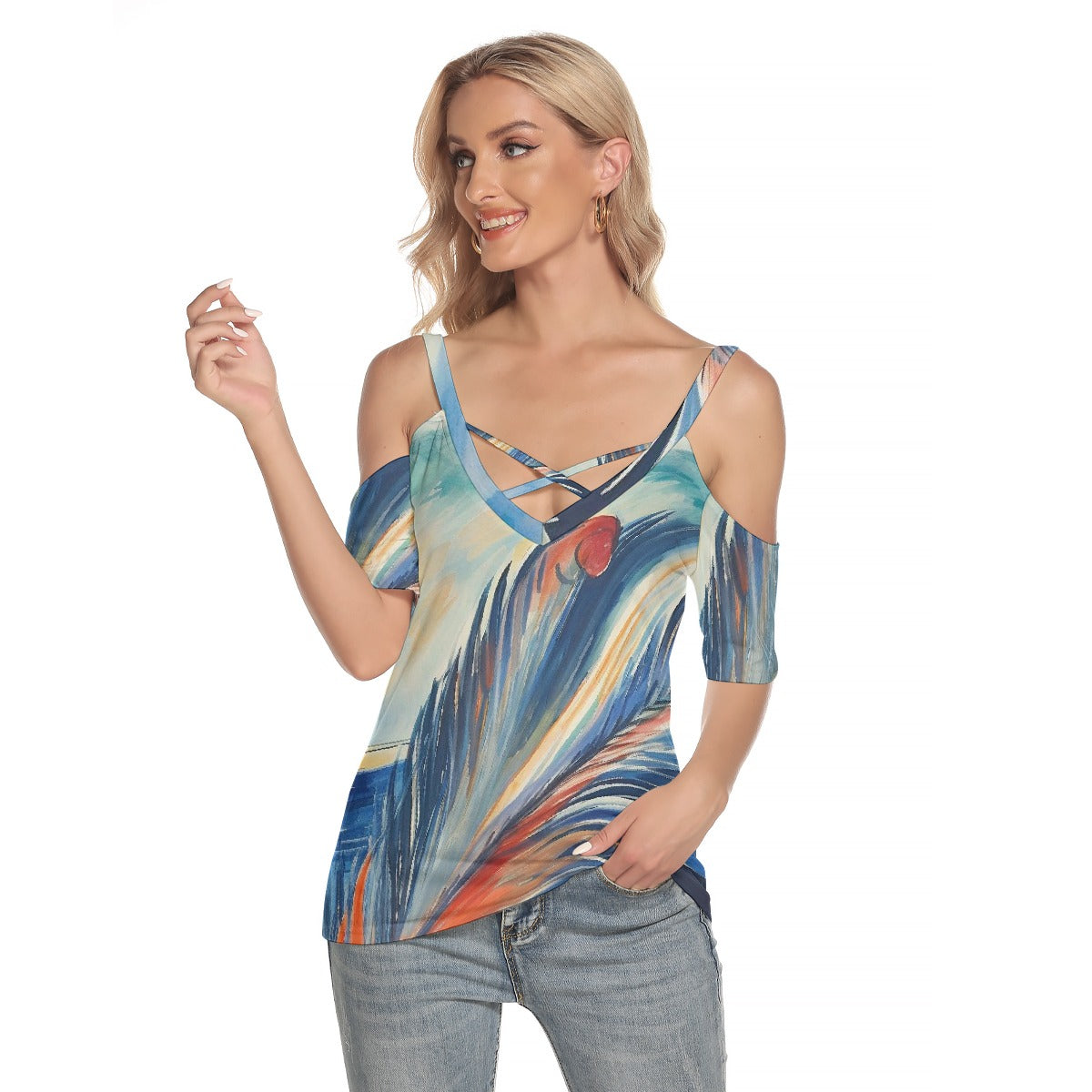 All-Over Print Women's Cold Shoulder T-shirt With Criss Cross Strips