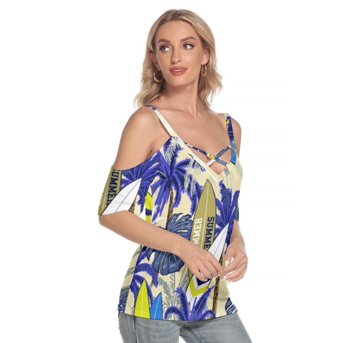 All-Over Print Women's Cold Shoulder T-shirt With Criss Cross Strips