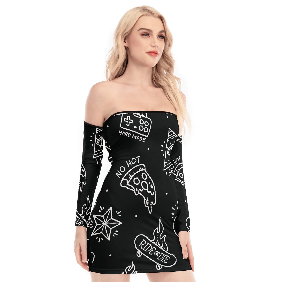 All-Over Print Women's Off-shoulder Back Lace-up Dress