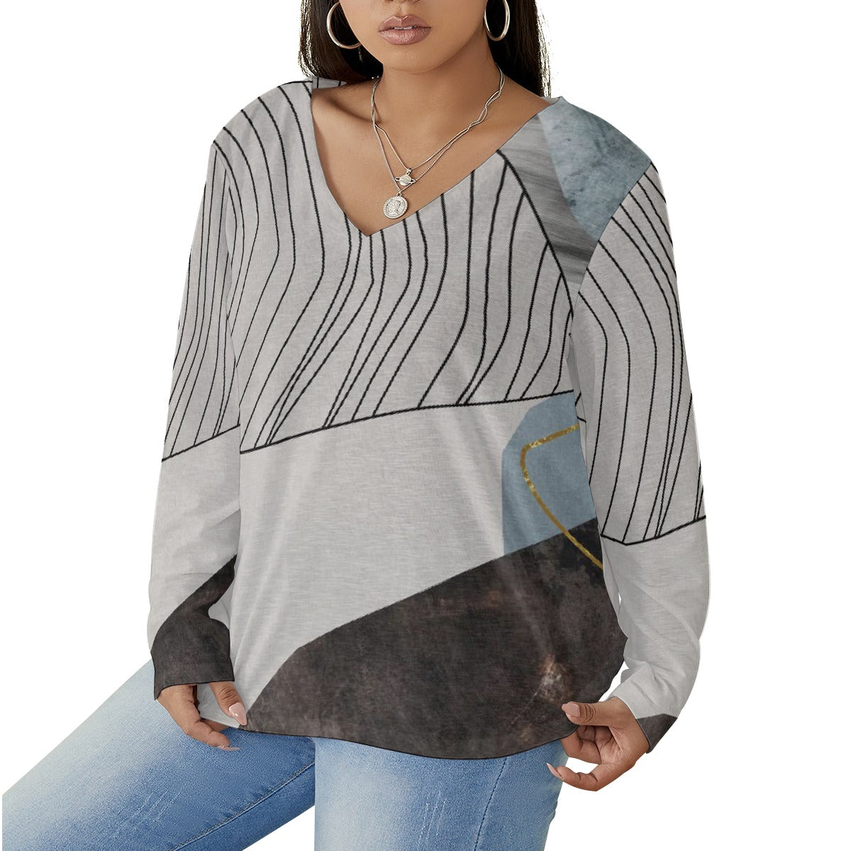 All-Over Print Women's V-neck T-shirt With Curved Hem(Plus Size)