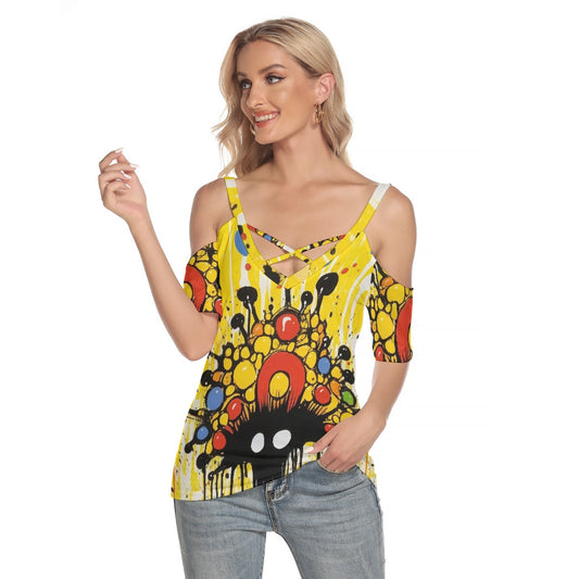 All-Over Print Women's Cold Shoulder T-shirt With Criss Cross Strips