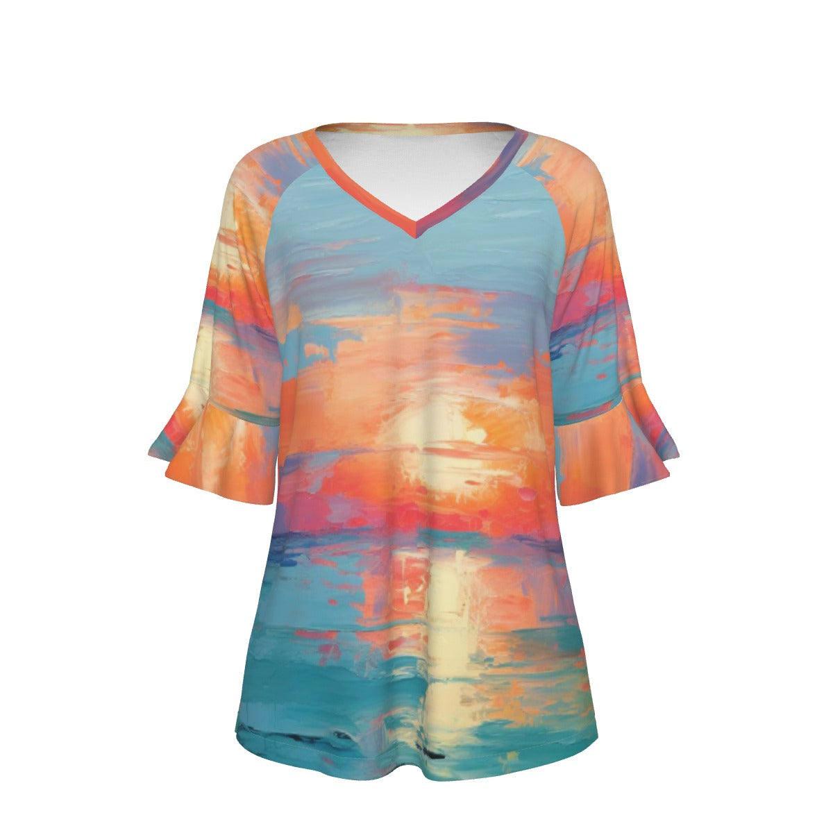 All-Over Print V-neck Women's T-shirt With Bell Sleeve