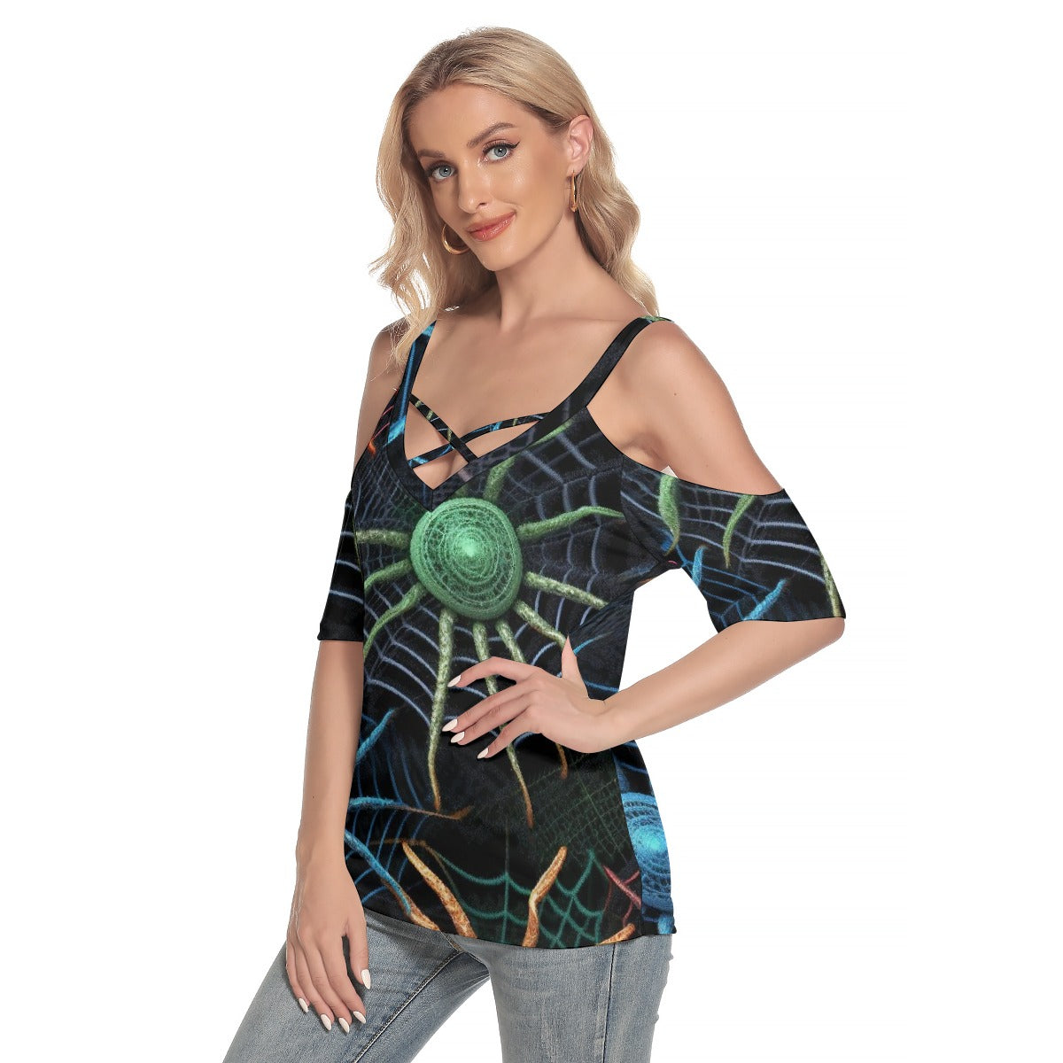 All-Over Print Women's Cold Shoulder T-shirt With Criss Cross Strips