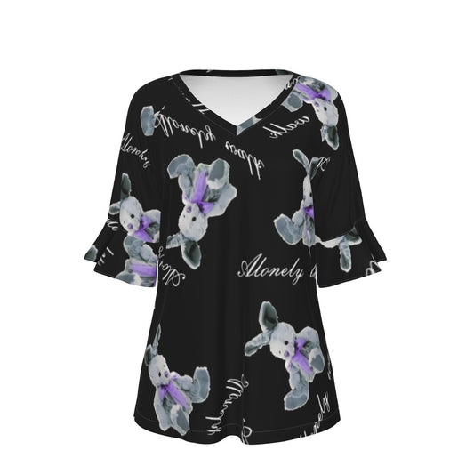 All-Over Print V-neck Women's T-shirt With Bell Sleeve