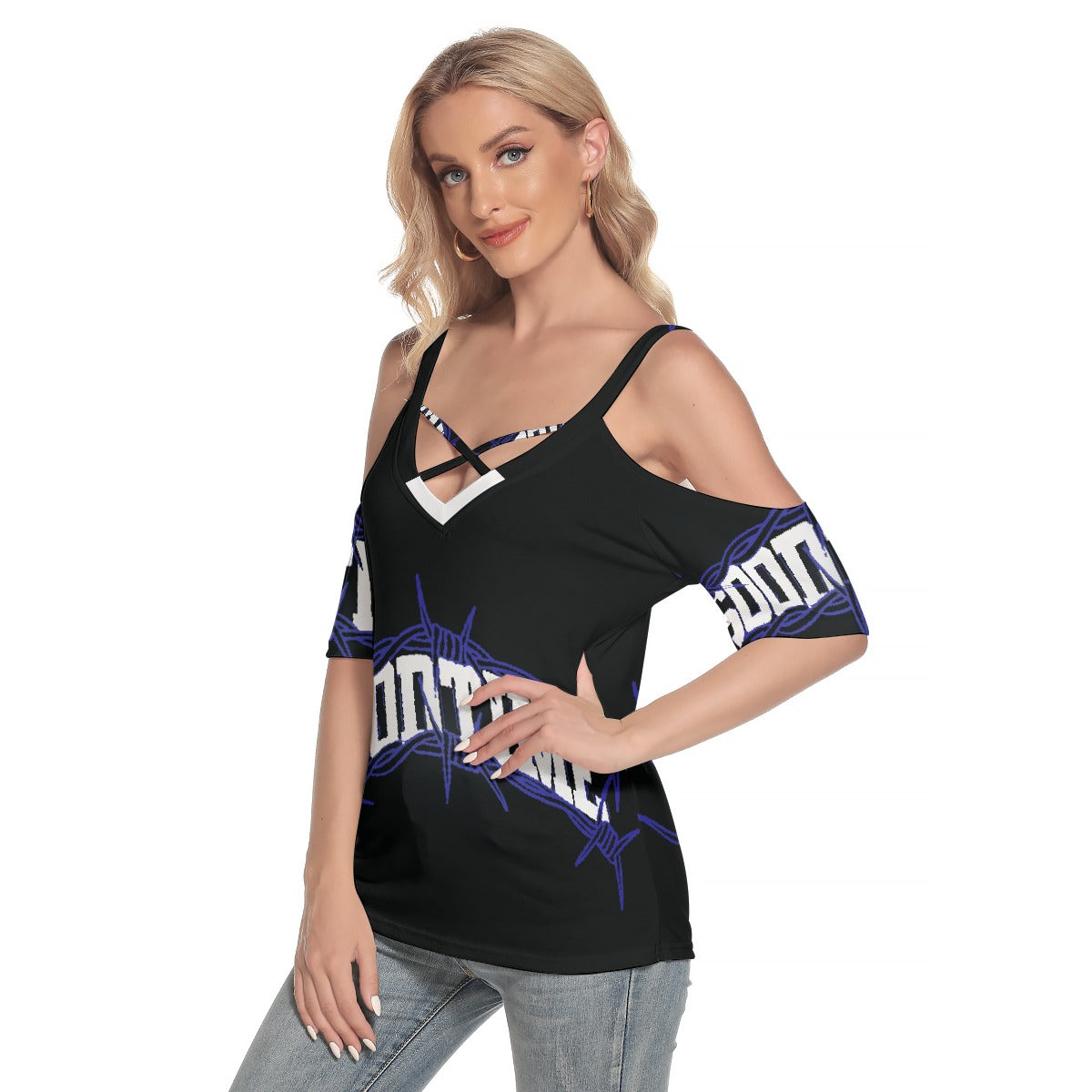 All-Over Print Women's Cold Shoulder T-shirt With Criss Cross Strips