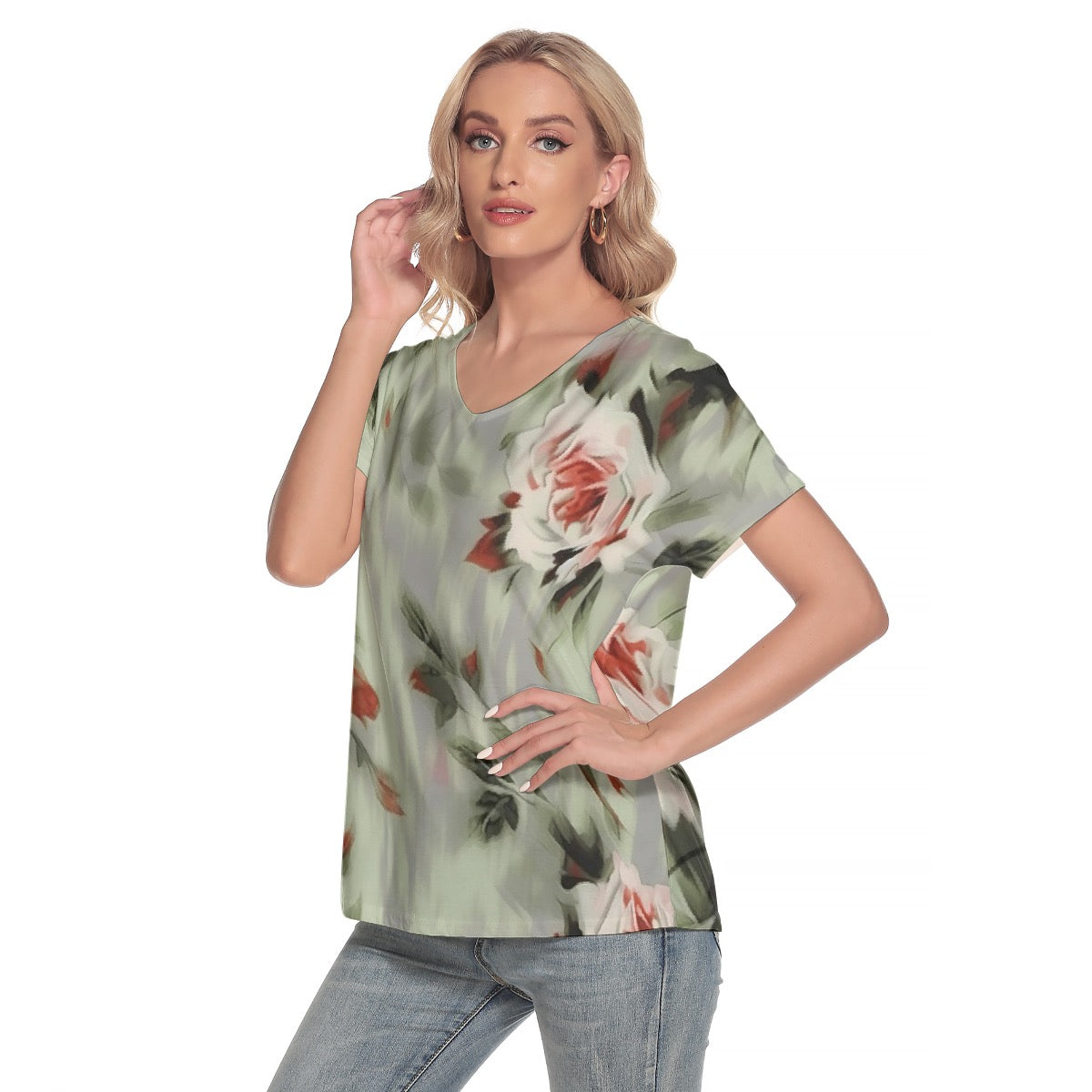 All-Over Print Women's Loose V-neck Short Sleeve T-shirt