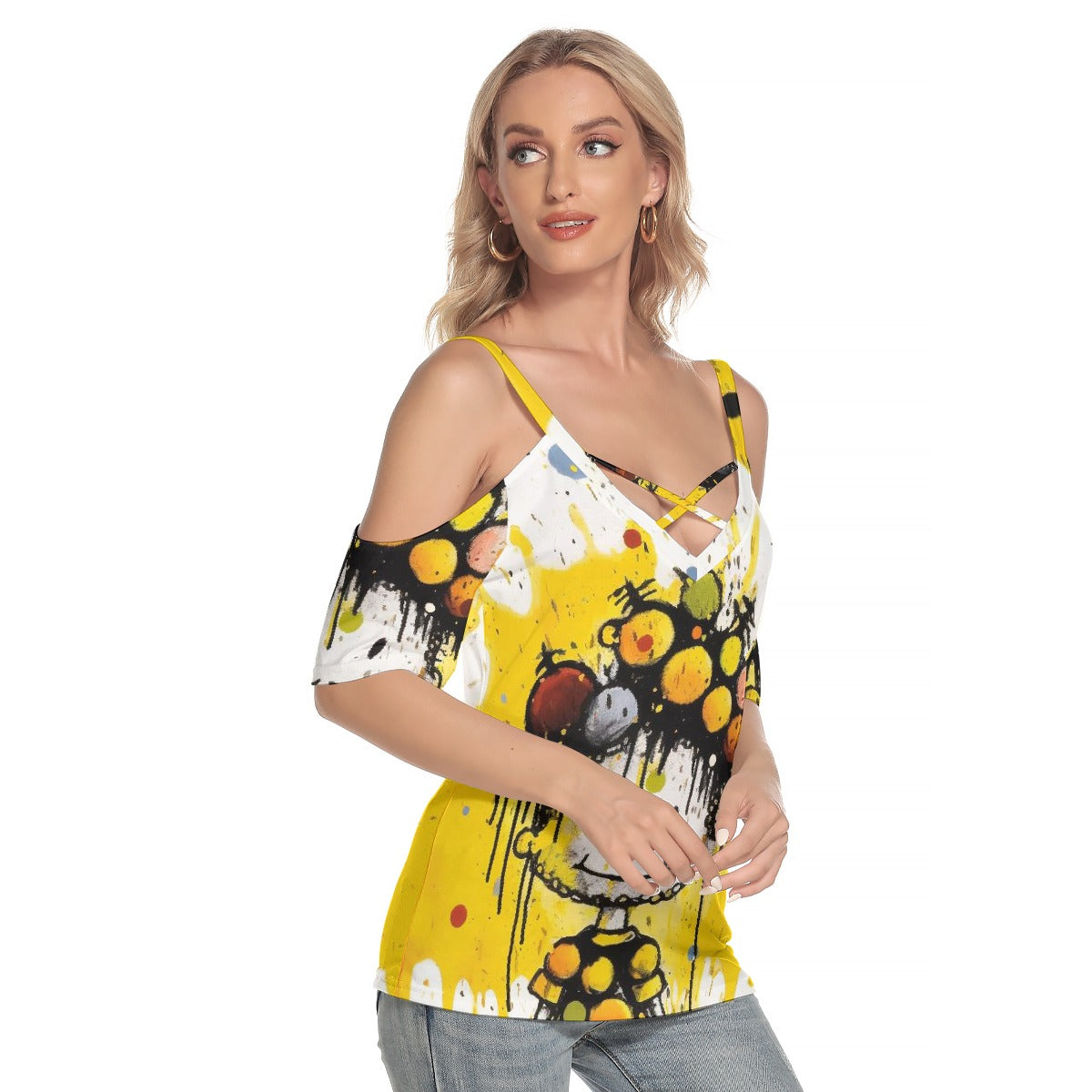 All-Over Print Women's Cold Shoulder T-shirt With Criss Cross Strips