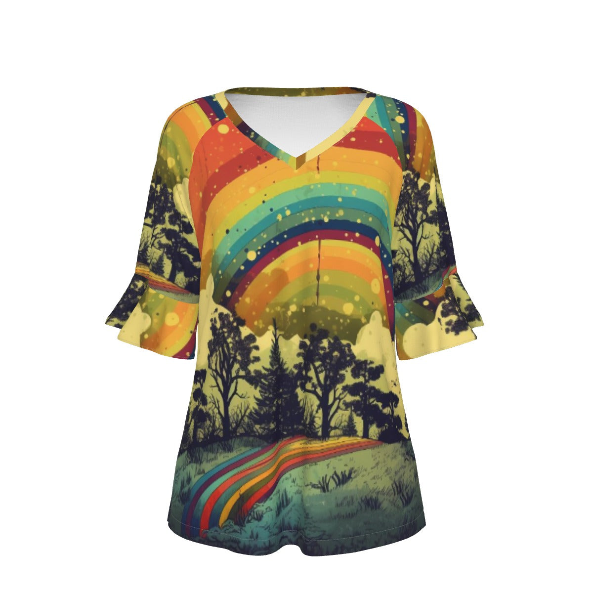 All-Over Print V-neck Women's T-shirt With Bell Sleeve