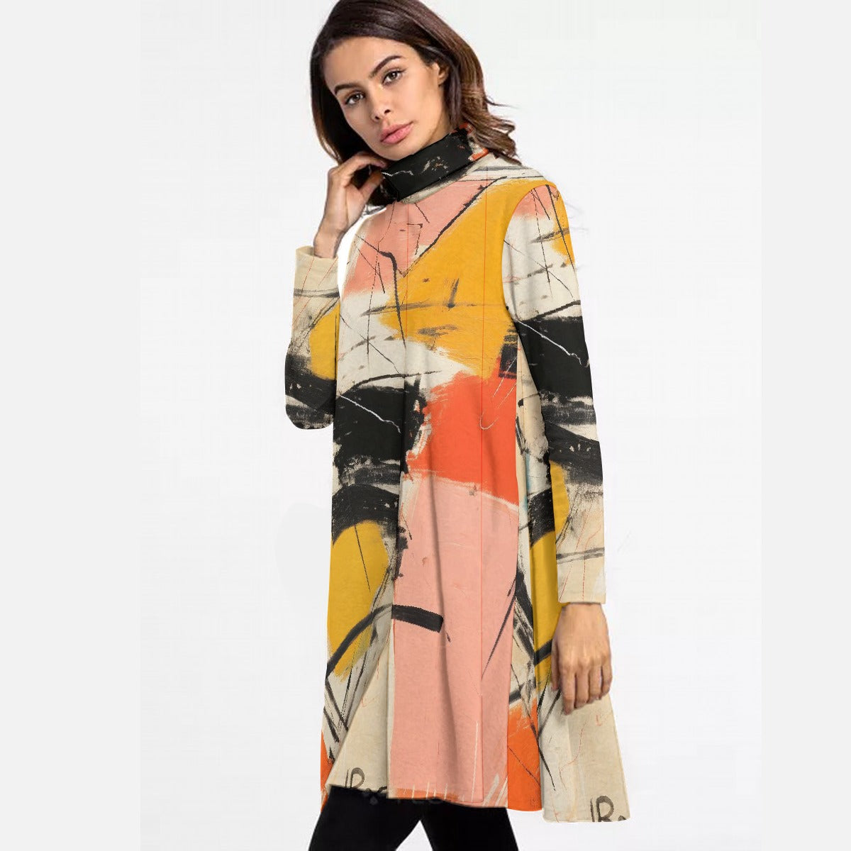 All-Over Print Women's High Neck Dress With Long Sleeve