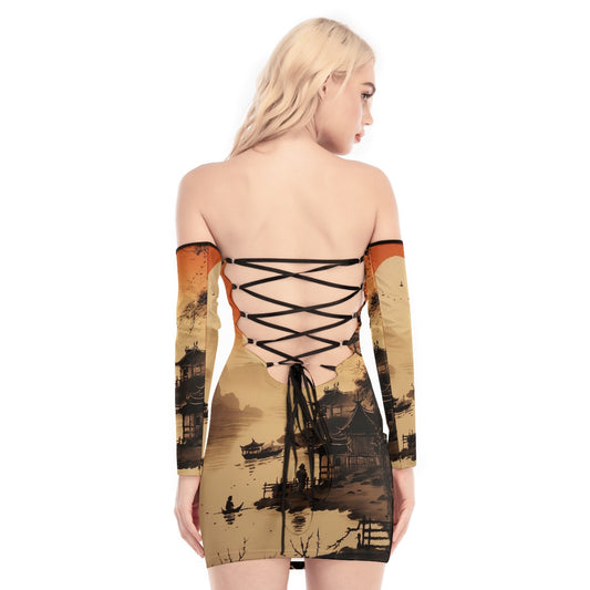 All-Over Print Women's Off-shoulder Back Lace-up Dress