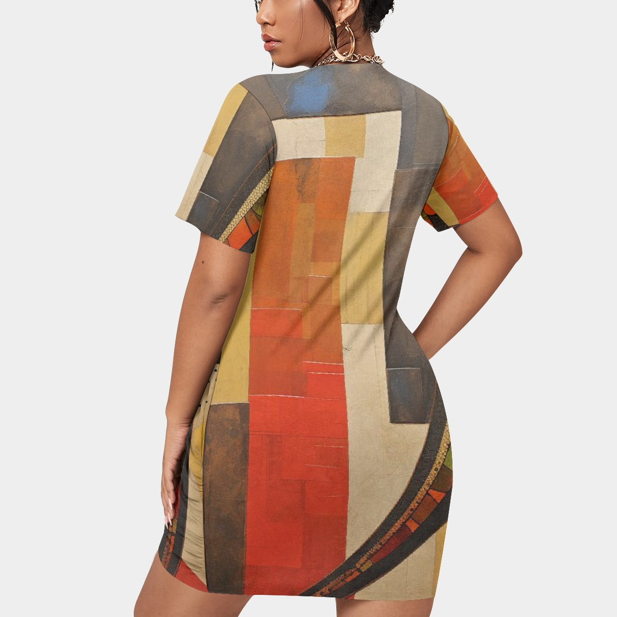 All-Over Print Women’s Stacked Hem Dress With Short Sleeve（Plus Size）