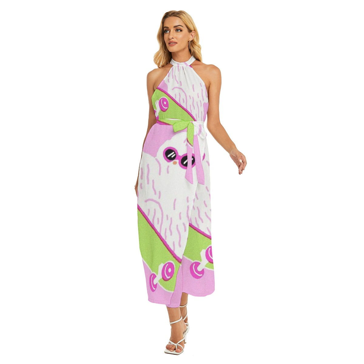 All-Over Print Women's Wrap Hem Belted Halter Dress