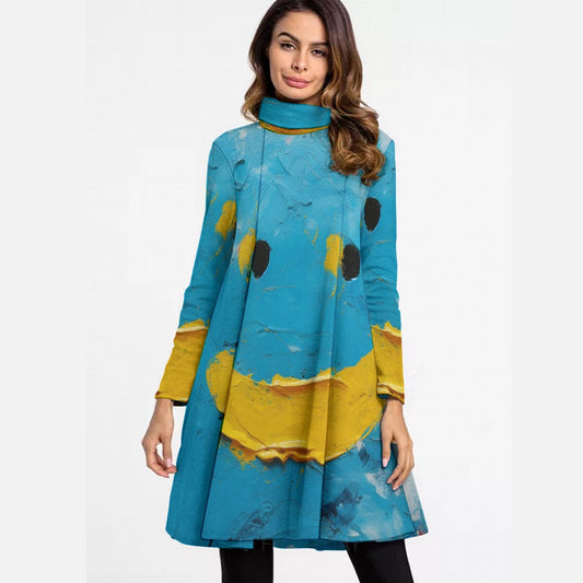 All-Over Print Women's High Neck Dress With Long Sleeve