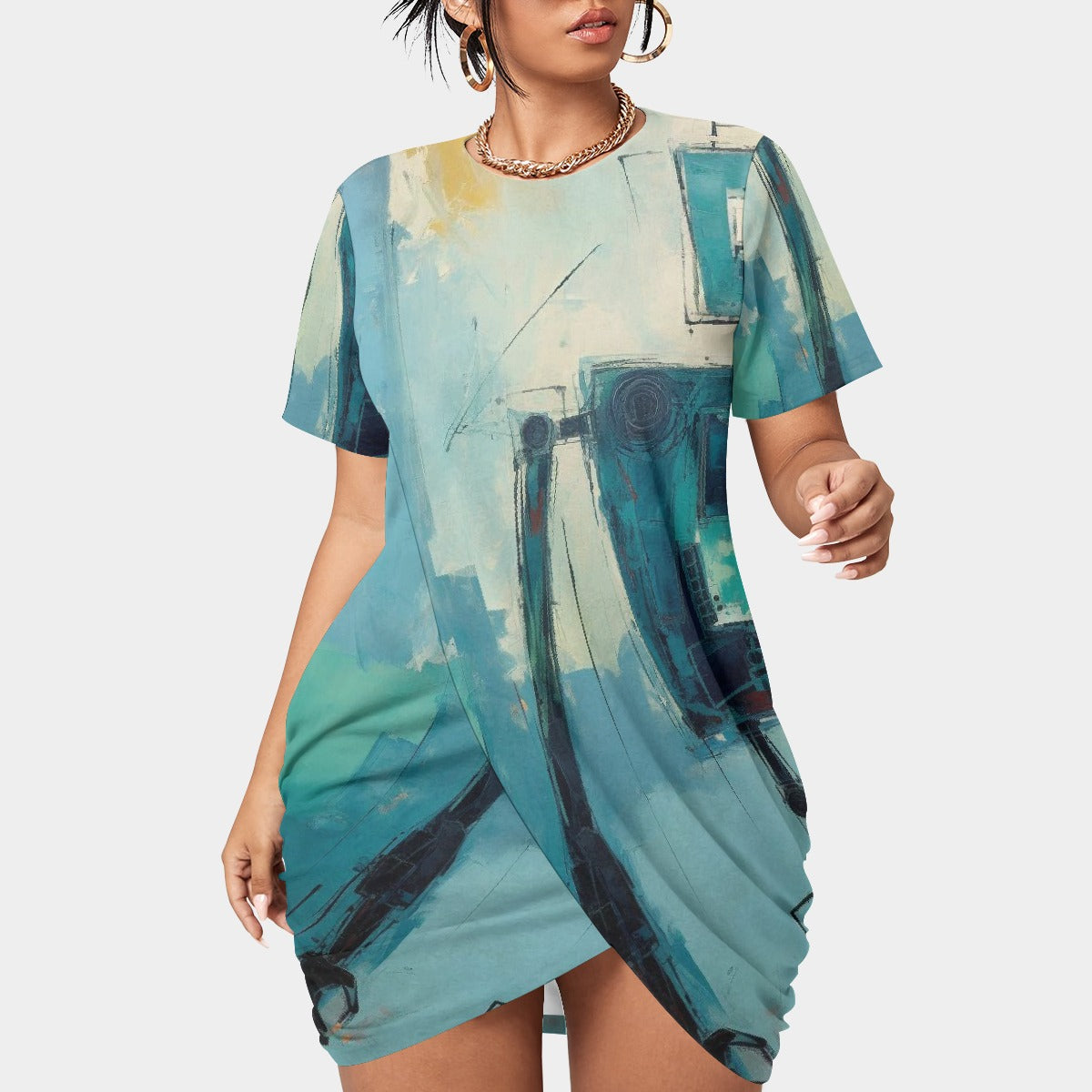 All-Over Print Women’s Stacked Hem Dress With Short Sleeve（Plus Size）