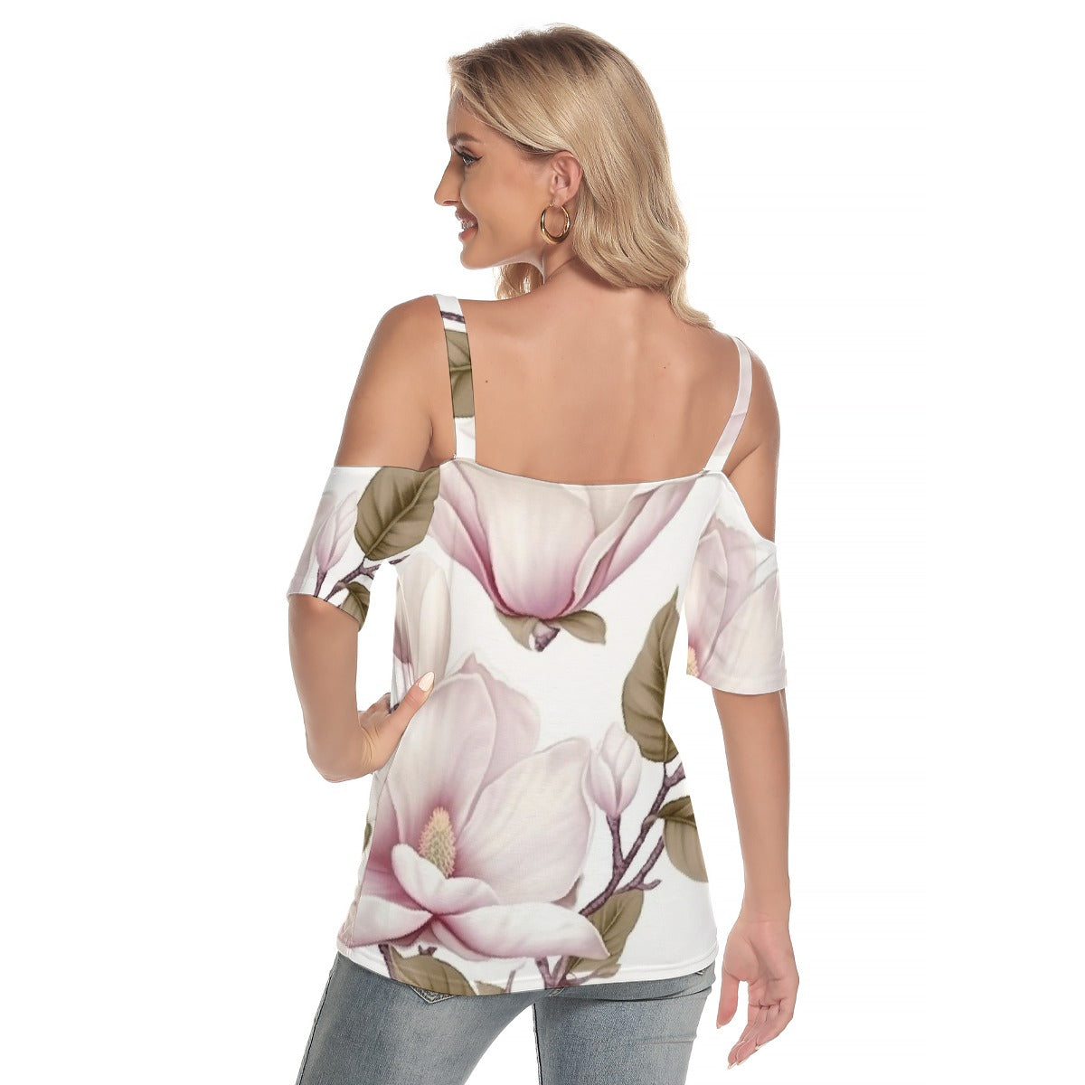 All-Over Print Women's Cold Shoulder T-shirt With Criss Cross Strips