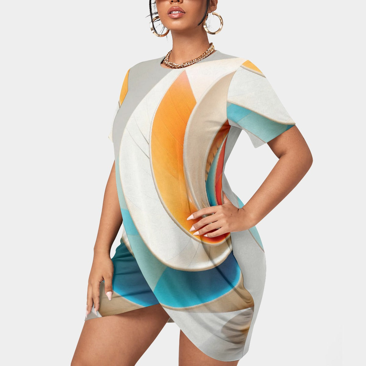 All-Over Print Women’s Stacked Hem Dress With Short Sleeve（Plus Size）