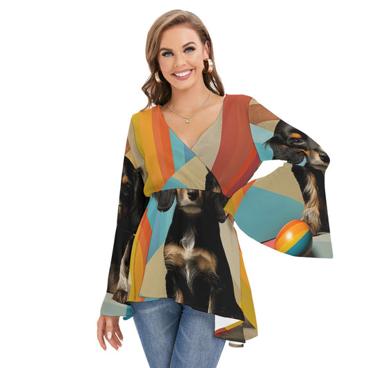 All-Over Print Women's V-neck Blouse With Flared Sleeves