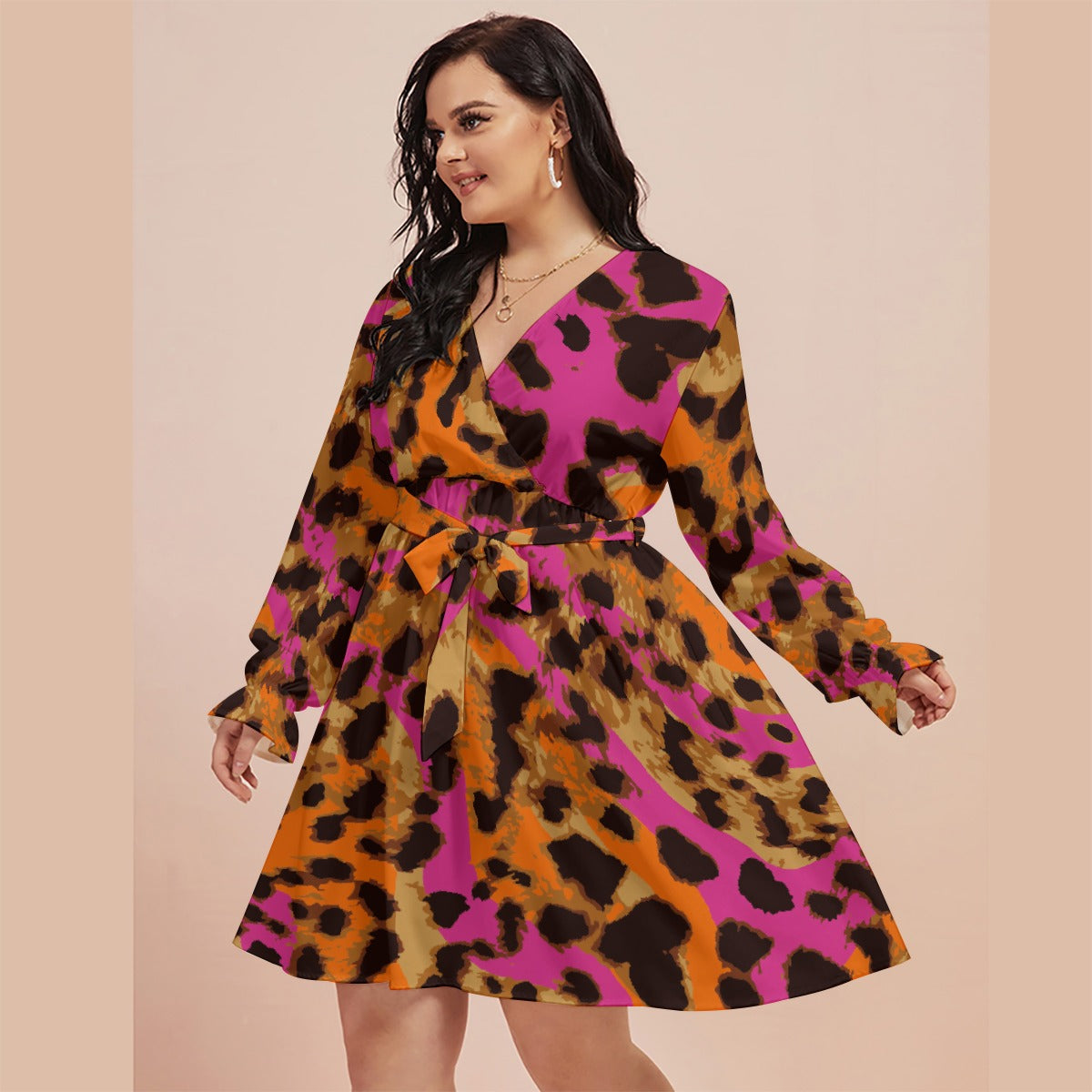 All-Over Print Women's V-neck Dress With Waistband(Plus Size)