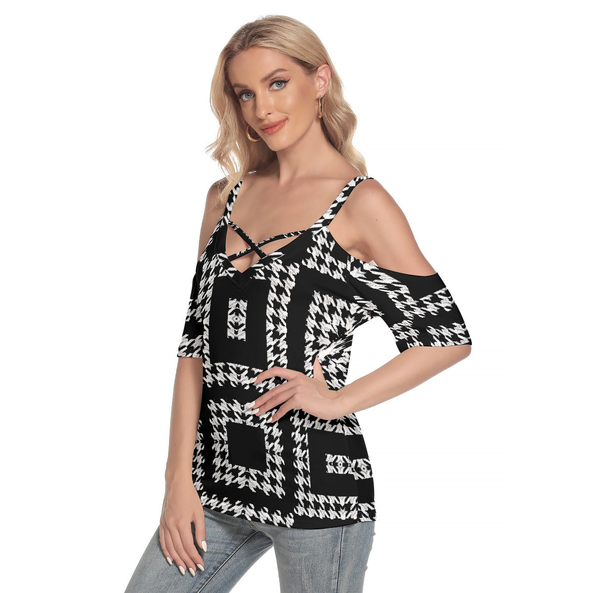 All-Over Print Women's Cold Shoulder T-shirt With Criss Cross Strips