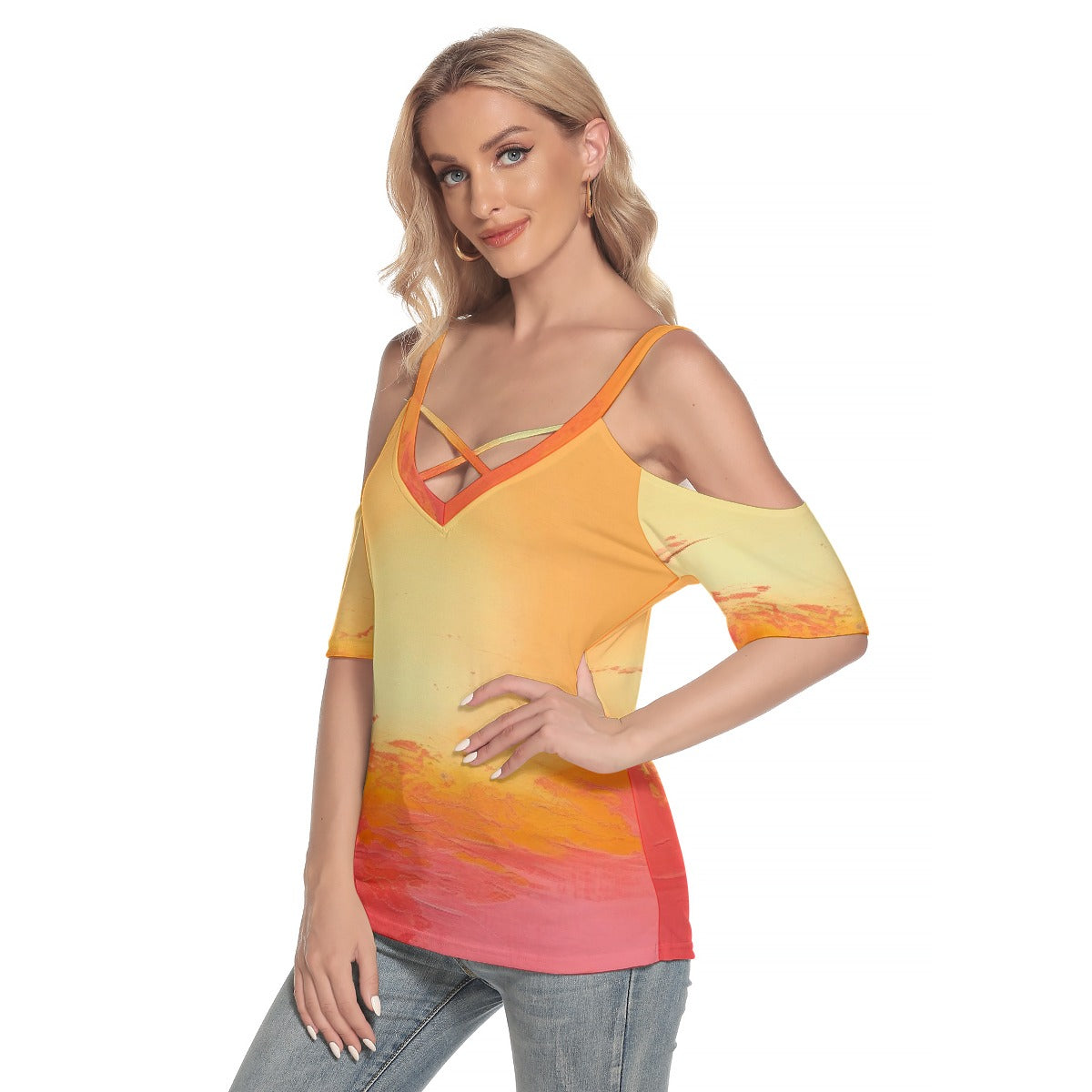 All-Over Print Women's Cold Shoulder T-shirt With Criss Cross Strips