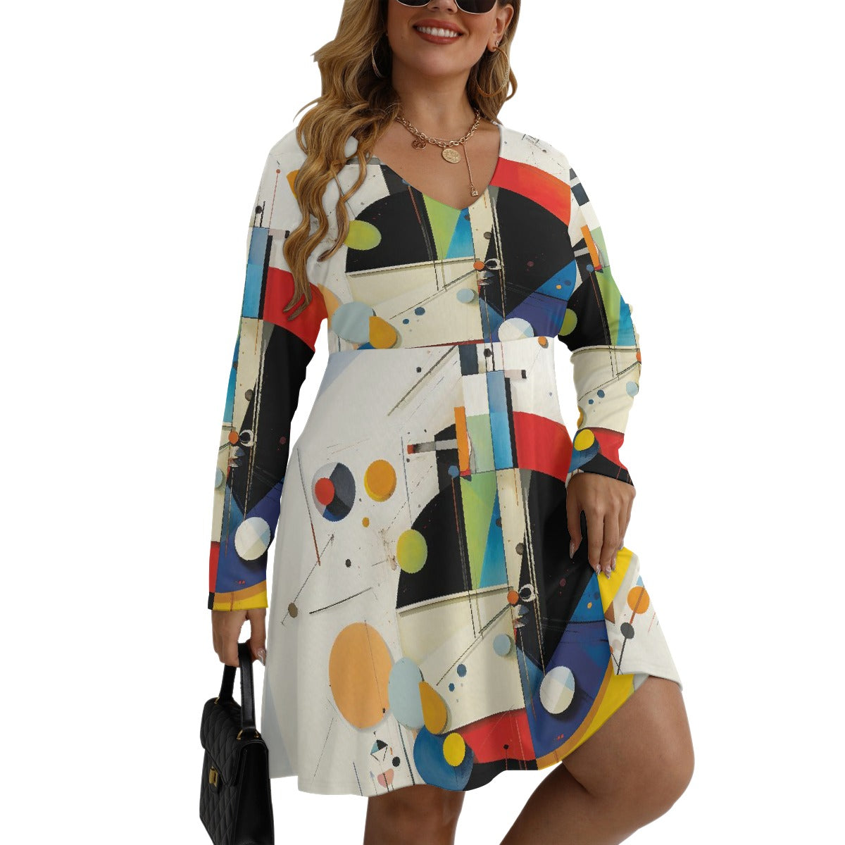 All-Over Print Women's V-neck Long Sleeve Dress(Plus Size)