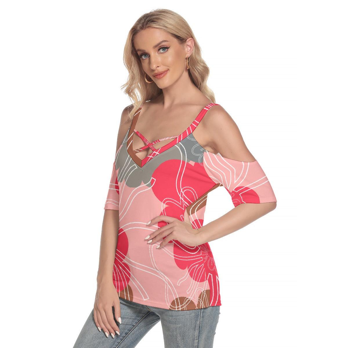 All-Over Print Women's Cold Shoulder T-shirt With Criss Cross Strips