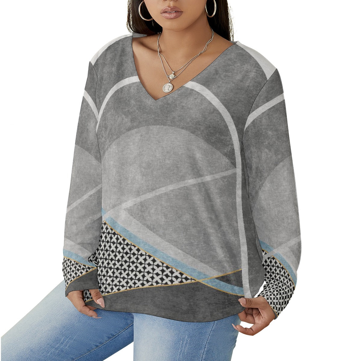 All-Over Print Women's V-neck T-shirt With Curved Hem(Plus Size)