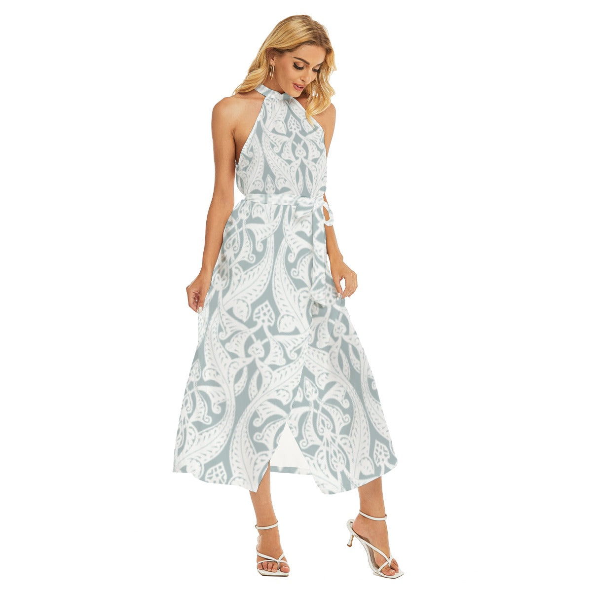 All-Over Print Women's Wrap Hem Belted Halter Dress