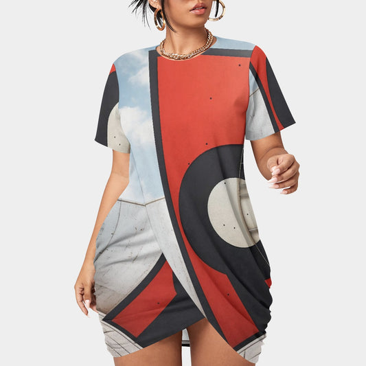 All-Over Print Women’s Stacked Hem Dress With Short Sleeve（Plus Size）