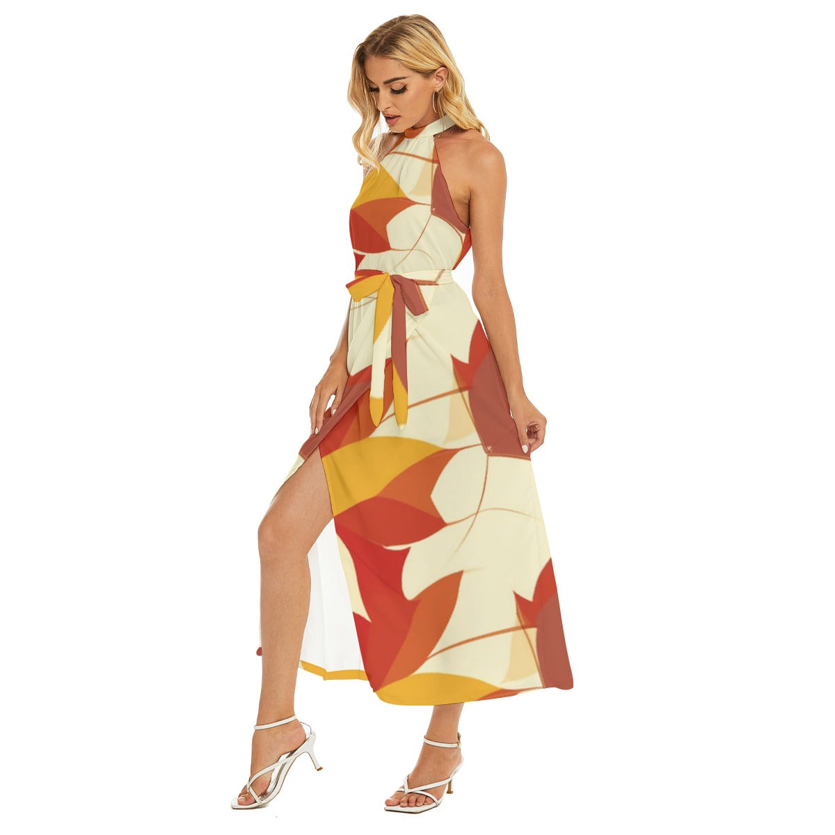 All-Over Print Women's Wrap Hem Belted Halter Dress