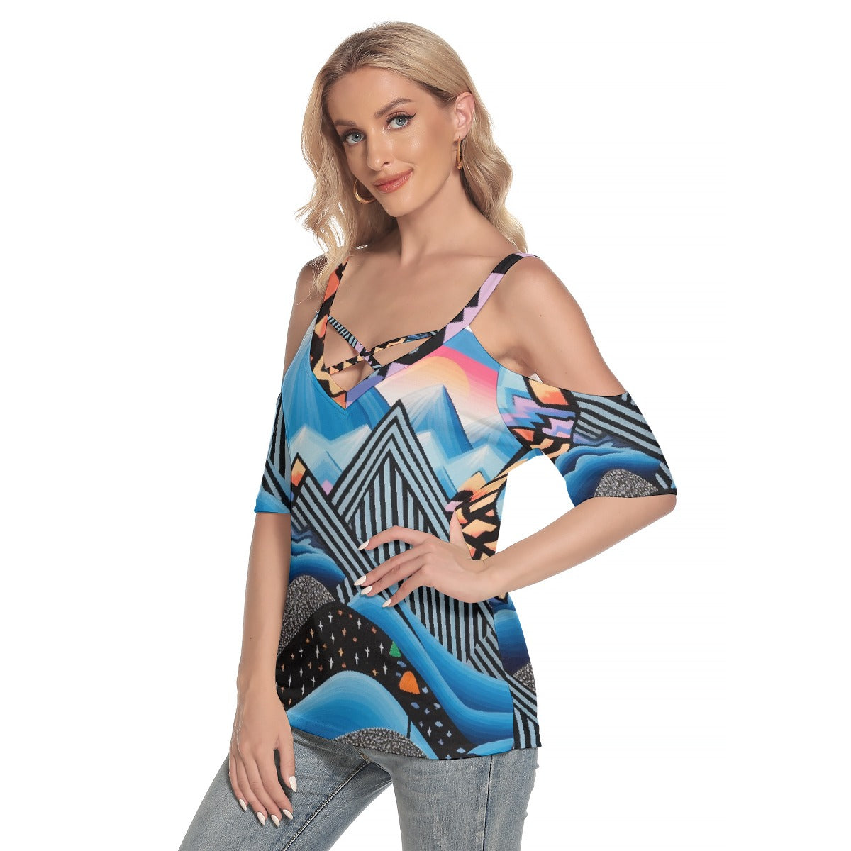 All-Over Print Women's Cold Shoulder T-shirt With Criss Cross Strips