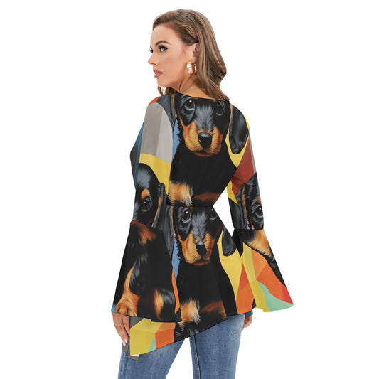 All-Over Print Women's V-neck Blouse With Flared Sleeves