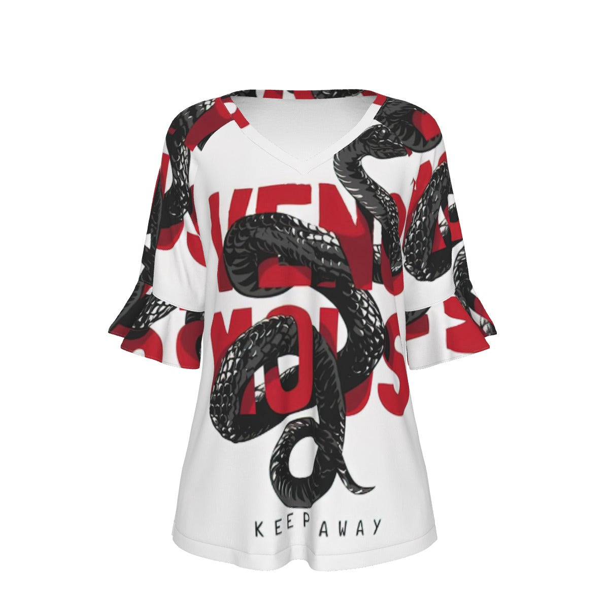 All-Over Print V-neck Women's T-shirt With Bell Sleeve