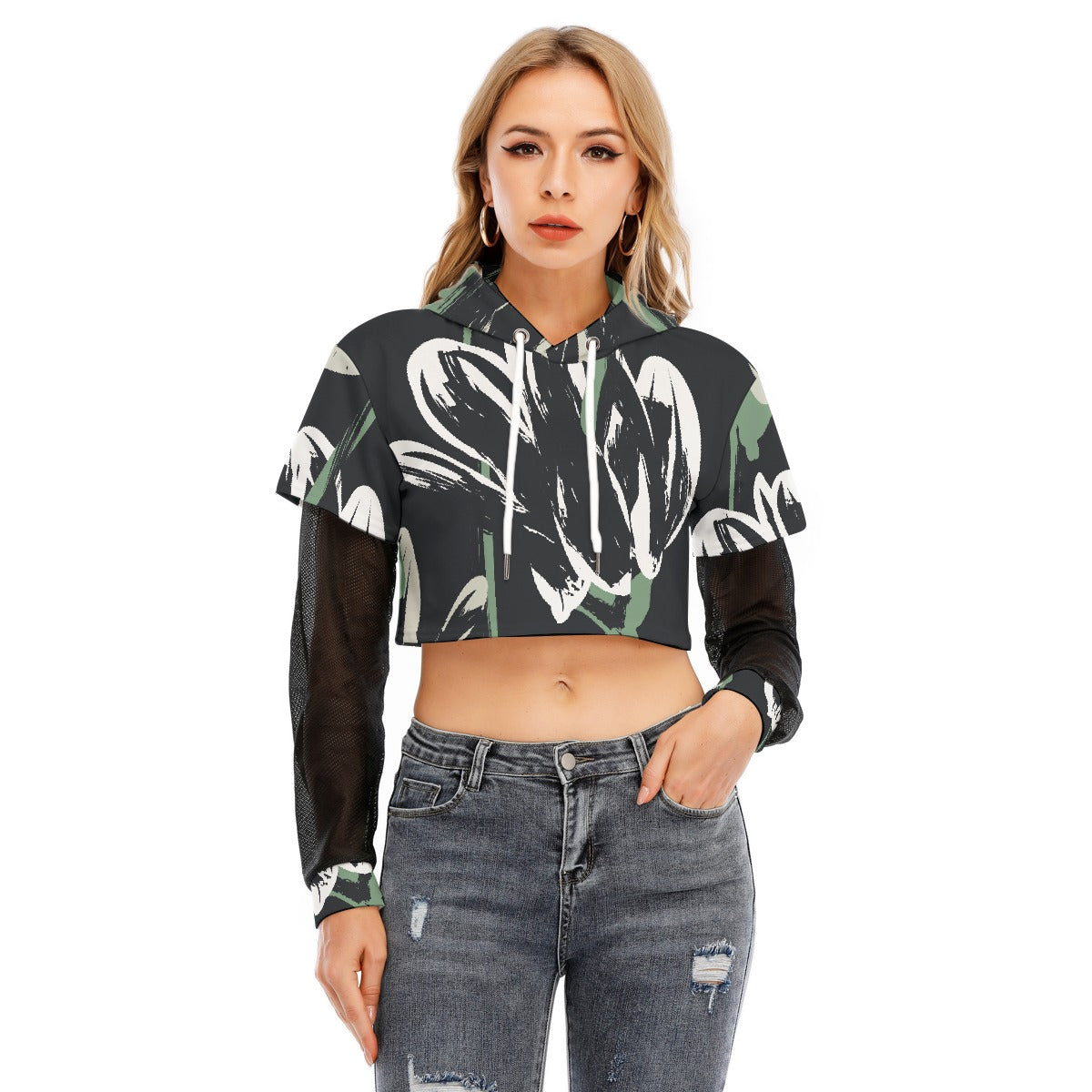 All-Over Print Women's Fake Two-piece Mesh Sleeve Cropped Hoodie