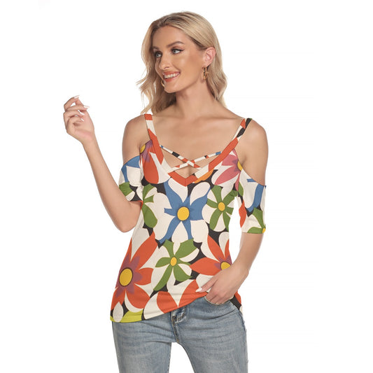 All-Over Print Women's Cold Shoulder T-shirt With Criss Cross Strips