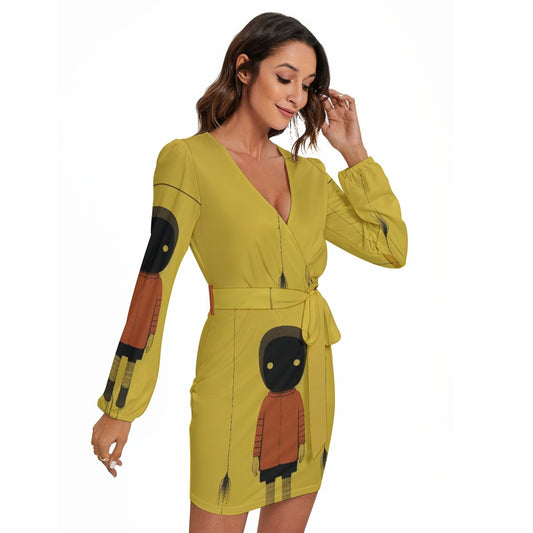 All-Over Print Women's Long Sleeve Dress With Waist Belt