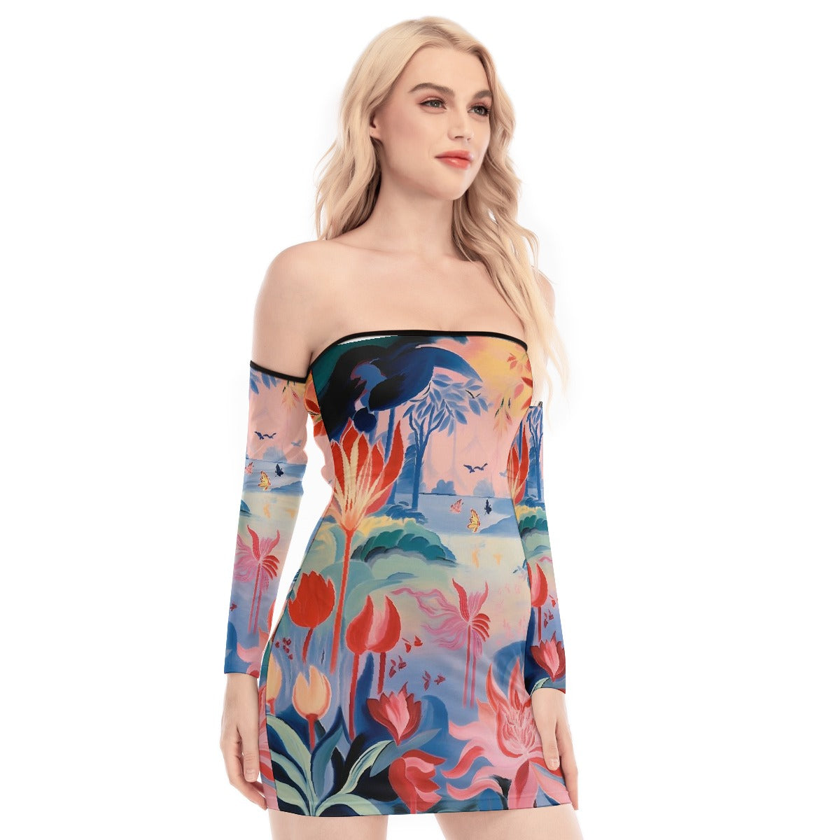 All-Over Print Women's Off-shoulder Back Lace-up Dress