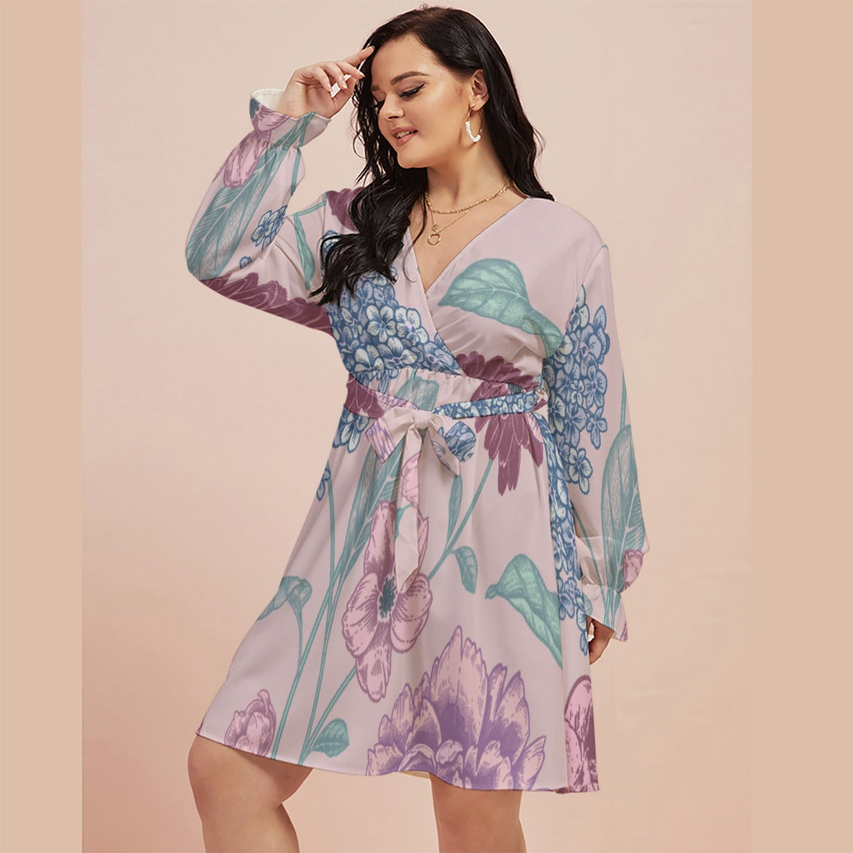 All-Over Print Women's V-neck Dress With Waistband(Plus Size)