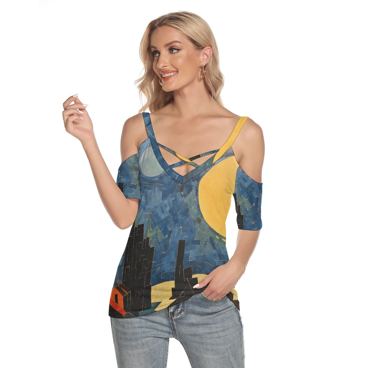 All-Over Print Women's Cold Shoulder T-shirt With Criss Cross Strips