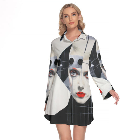 All-Over Print Women's Lapel Shirt Dress With Long Sleeve