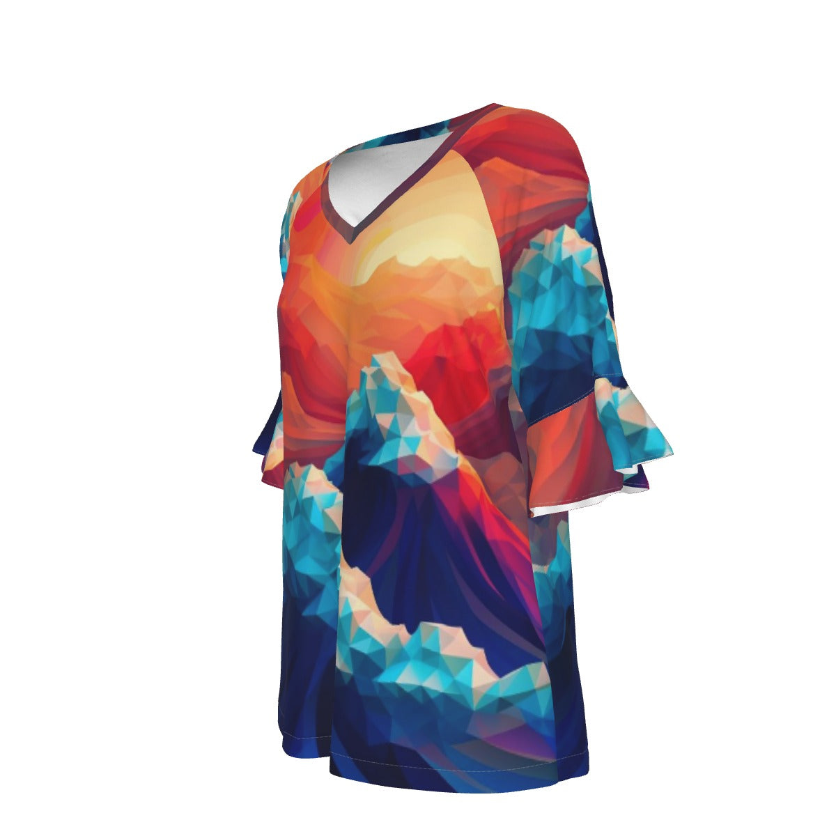 All-Over Print V-neck Women's T-shirt With Bell Sleeve