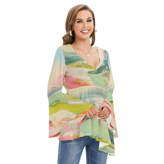 All-Over Print Women's V-neck Blouse With Flared Sleeves