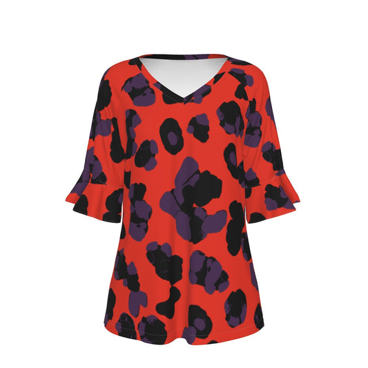 All-Over Print V-neck Women's T-shirt With Bell Sleeve