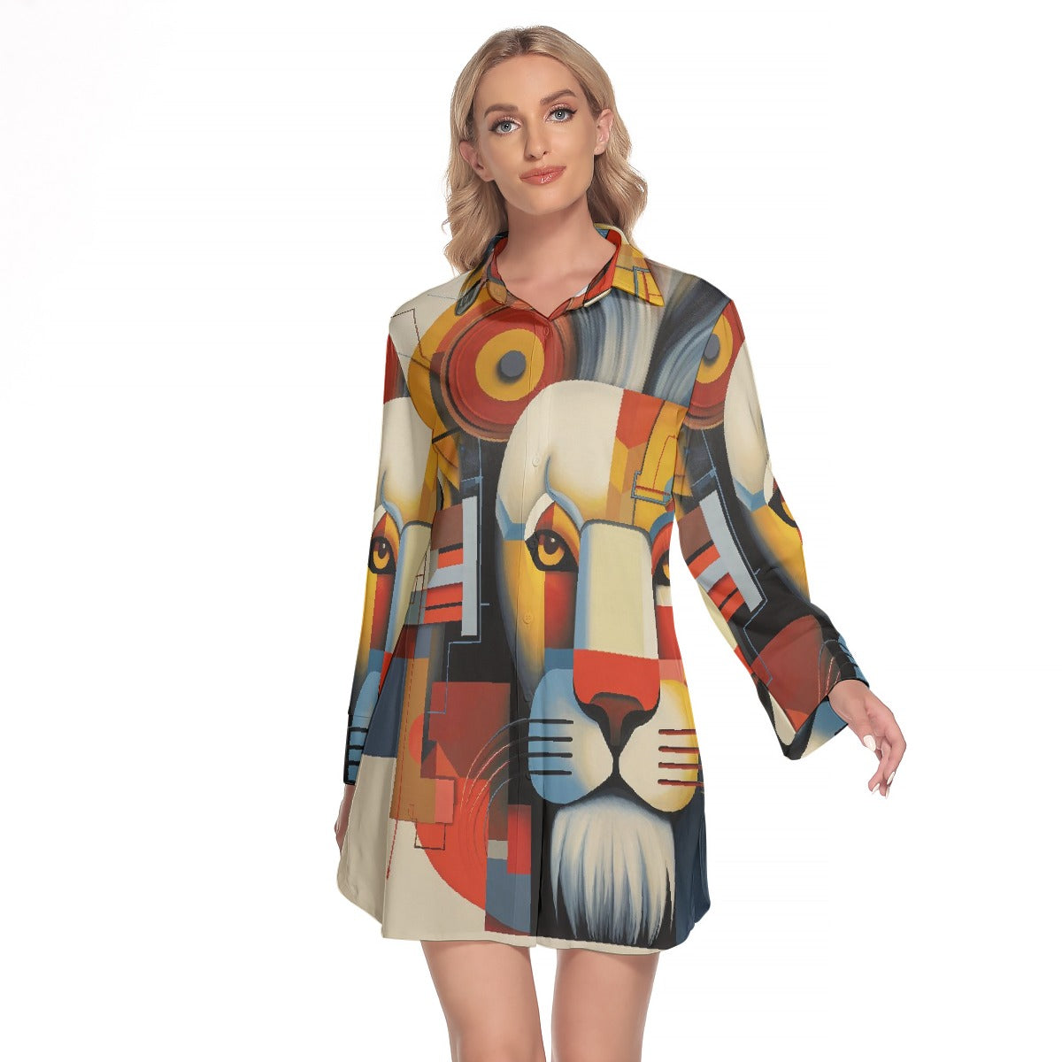 All-Over Print Women's Lapel Shirt Dress With Long Sleeve