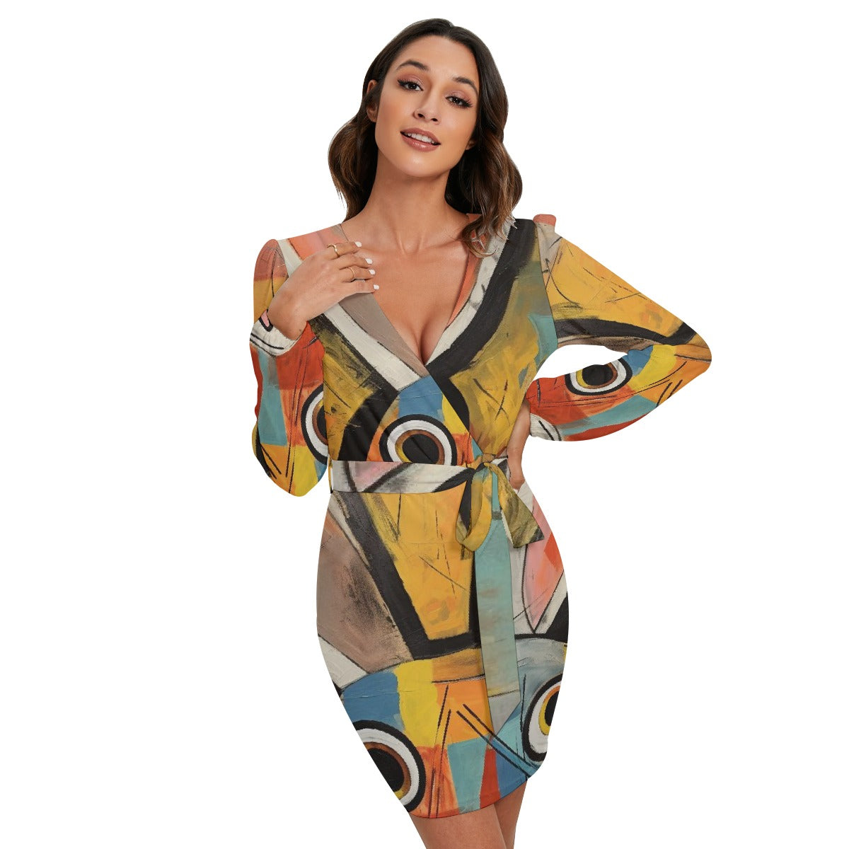 All-Over Print Women's Long Sleeve Dress With Waist Belt