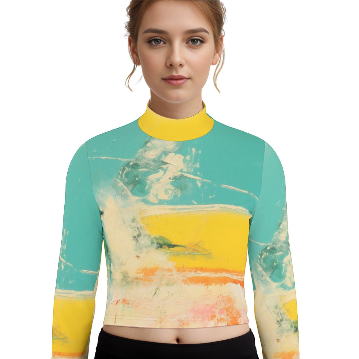 Eco-Friendly All-Over Print Women's Turtleneck T-shirt With Long Sleeve