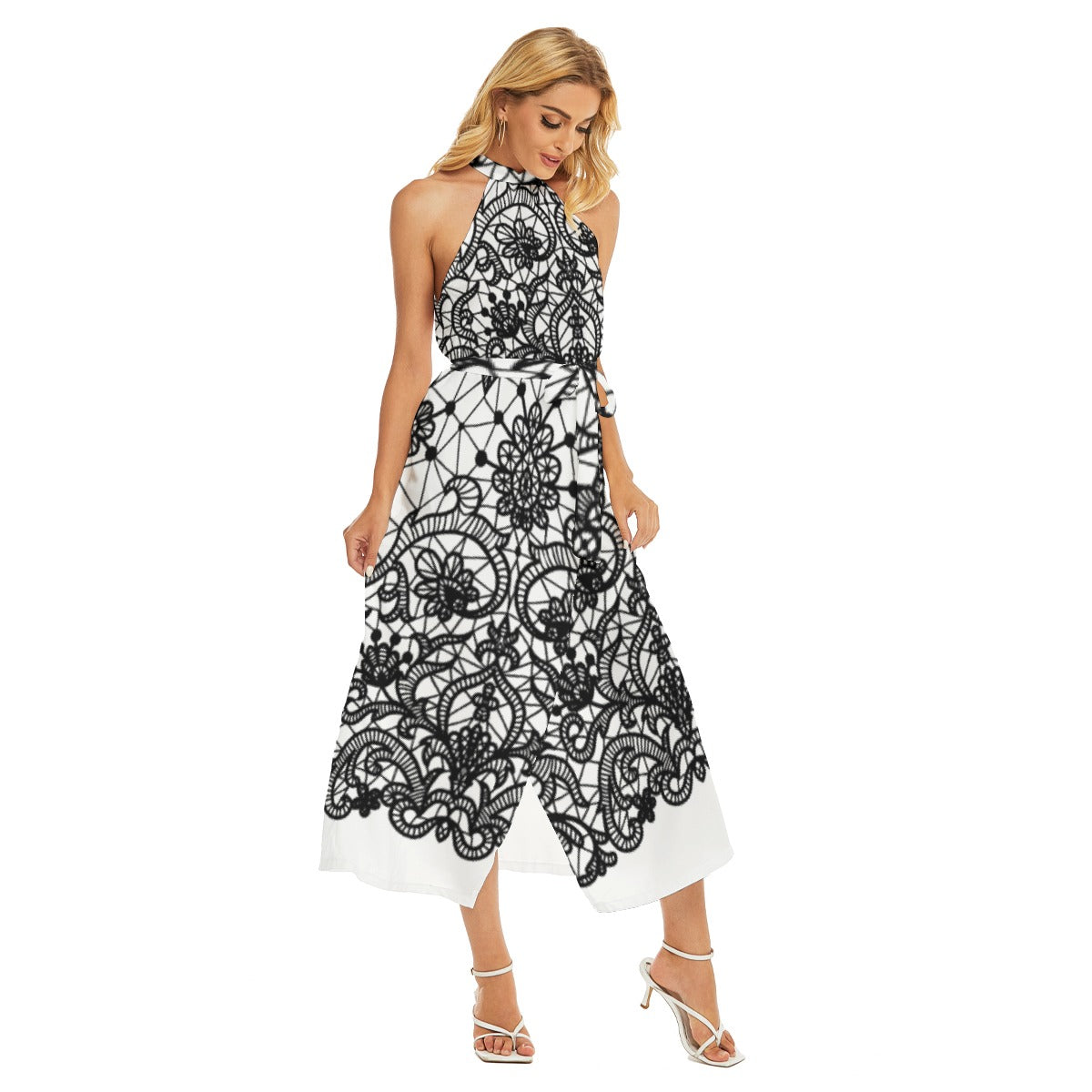 All-Over Print Women's Wrap Hem Belted Halter Dress