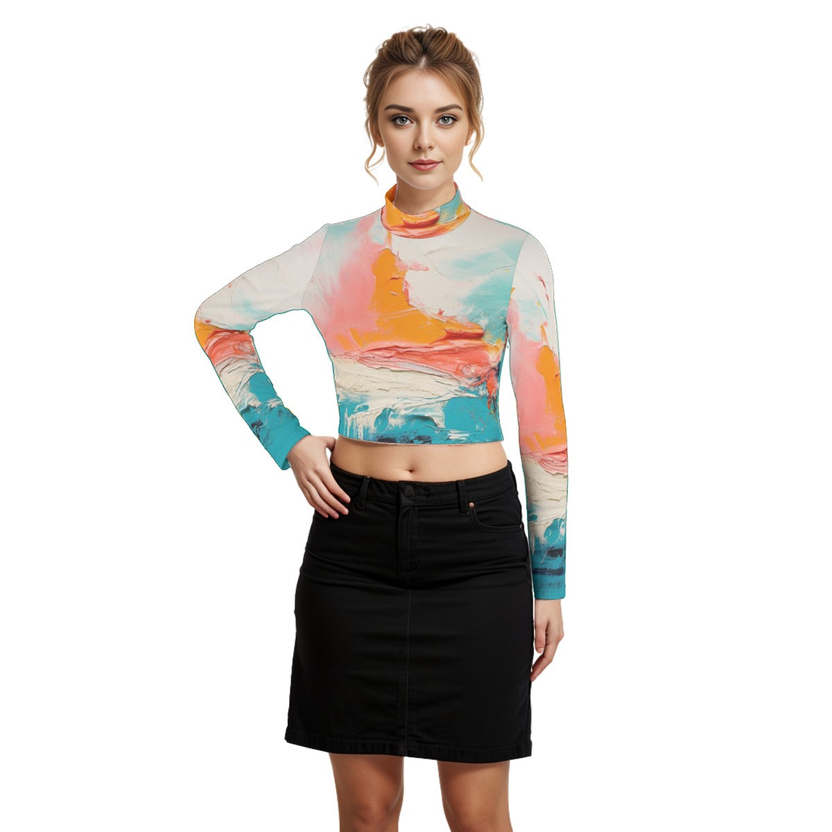 Eco-Friendly All-Over Print Women's Turtleneck T-shirt With Long Sleeve