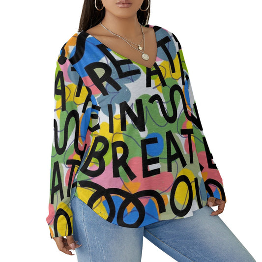 All-Over Print Women's V-neck T-shirt With Curved Hem(Plus Size)